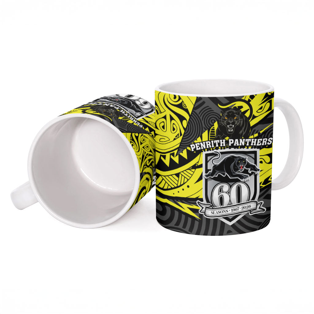 Custom Panthers Rugby 60th Anniversary Ceramic Mug Penrith Polynesian Tribal Pattern - Traditional Tattoo