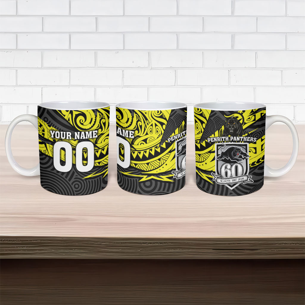 Custom Panthers Rugby 60th Anniversary Ceramic Mug Penrith Polynesian Tribal Pattern - Traditional Tattoo