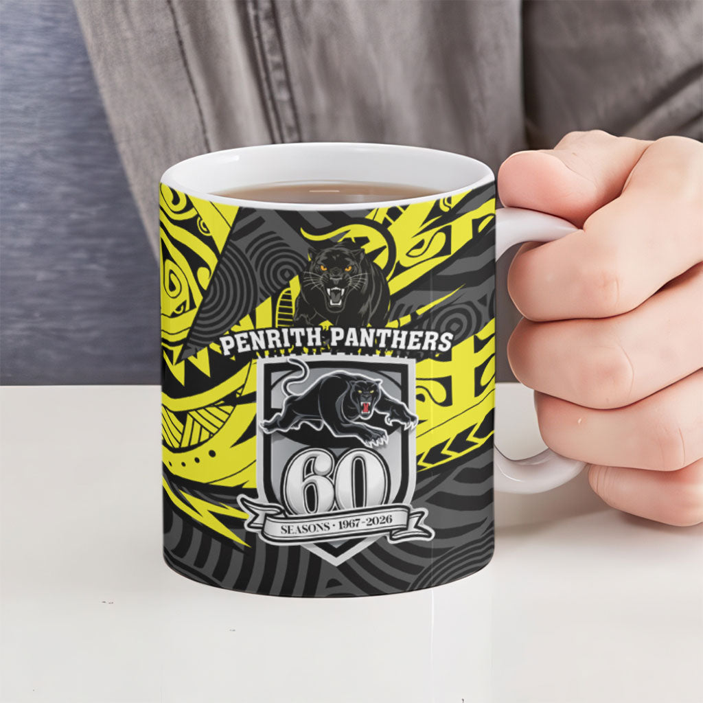 Custom Panthers Rugby 60th Anniversary Ceramic Mug Penrith Polynesian Tribal Pattern - Traditional Tattoo