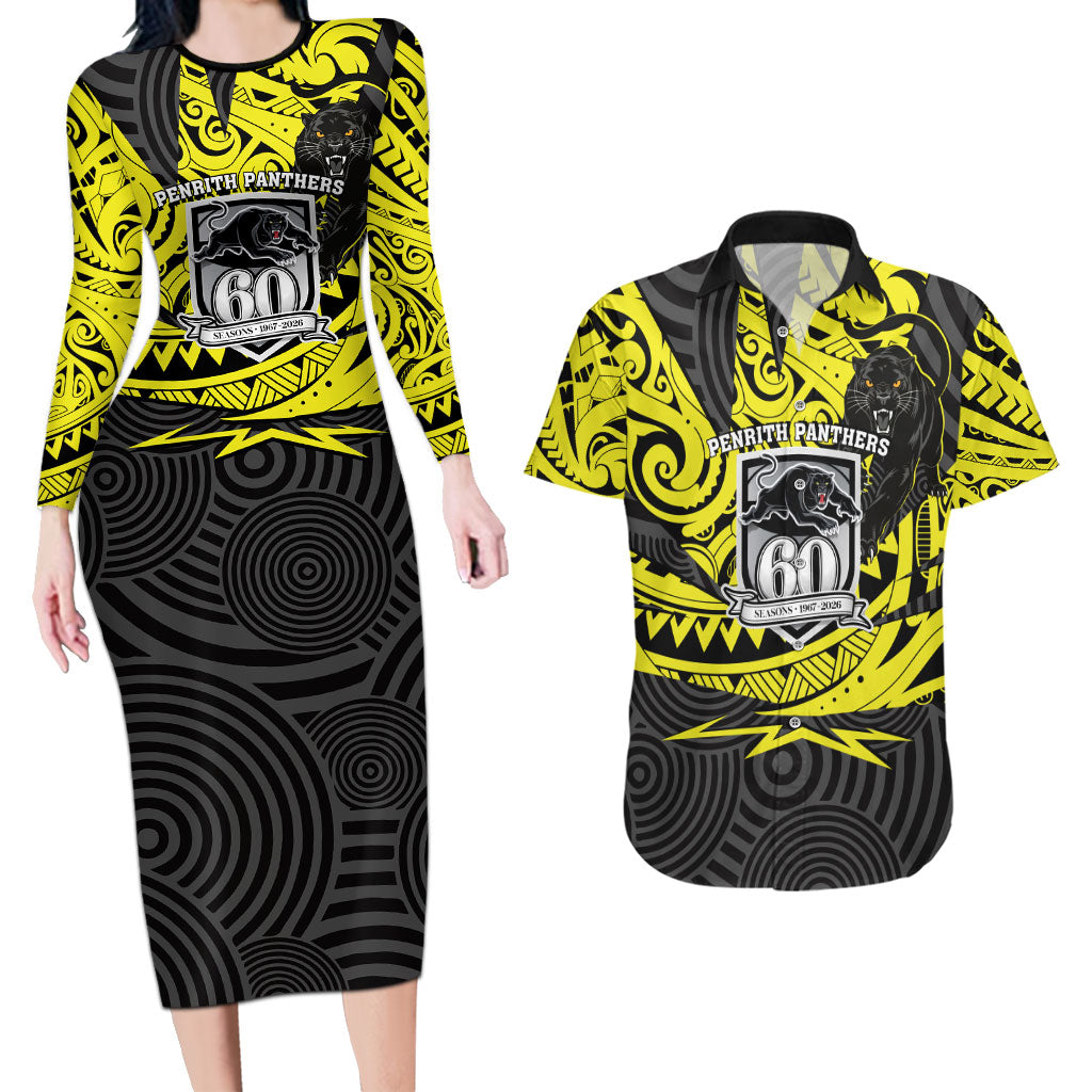 Custom Panthers Rugby 60th Anniversary Couples Matching Long Sleeve Bodycon Dress and Hawaiian Shirt Penrith Polynesian Tribal Pattern - Traditional Tattoo