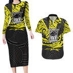 Custom Panthers Rugby 60th Anniversary Couples Matching Long Sleeve Bodycon Dress and Hawaiian Shirt Penrith Polynesian Tribal Pattern - Traditional Tattoo