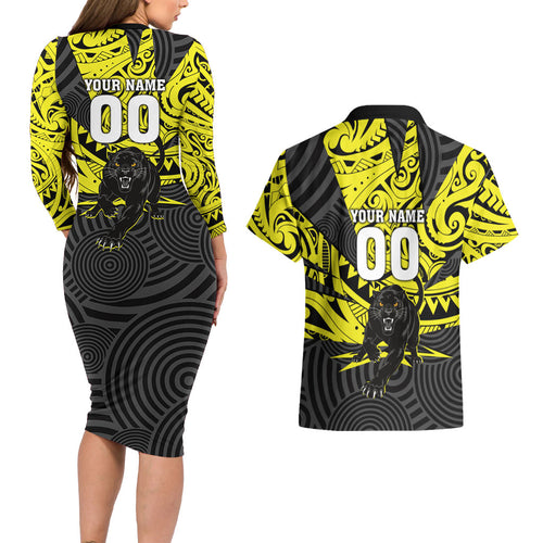 Custom Panthers Rugby 60th Anniversary Couples Matching Long Sleeve Bodycon Dress and Hawaiian Shirt Penrith Polynesian Tribal Pattern - Traditional Tattoo