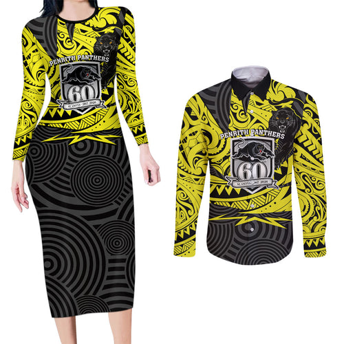 Custom Panthers Rugby 60th Anniversary Couples Matching Long Sleeve Bodycon Dress and Long Sleeve Button Shirt Penrith Polynesian Tribal Pattern - Traditional Tattoo