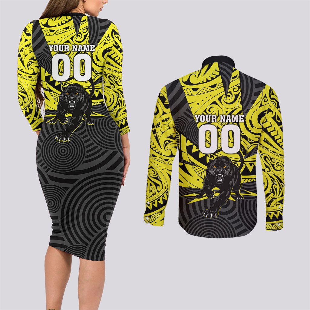 Custom Panthers Rugby 60th Anniversary Couples Matching Long Sleeve Bodycon Dress and Long Sleeve Button Shirt Penrith Polynesian Tribal Pattern - Traditional Tattoo