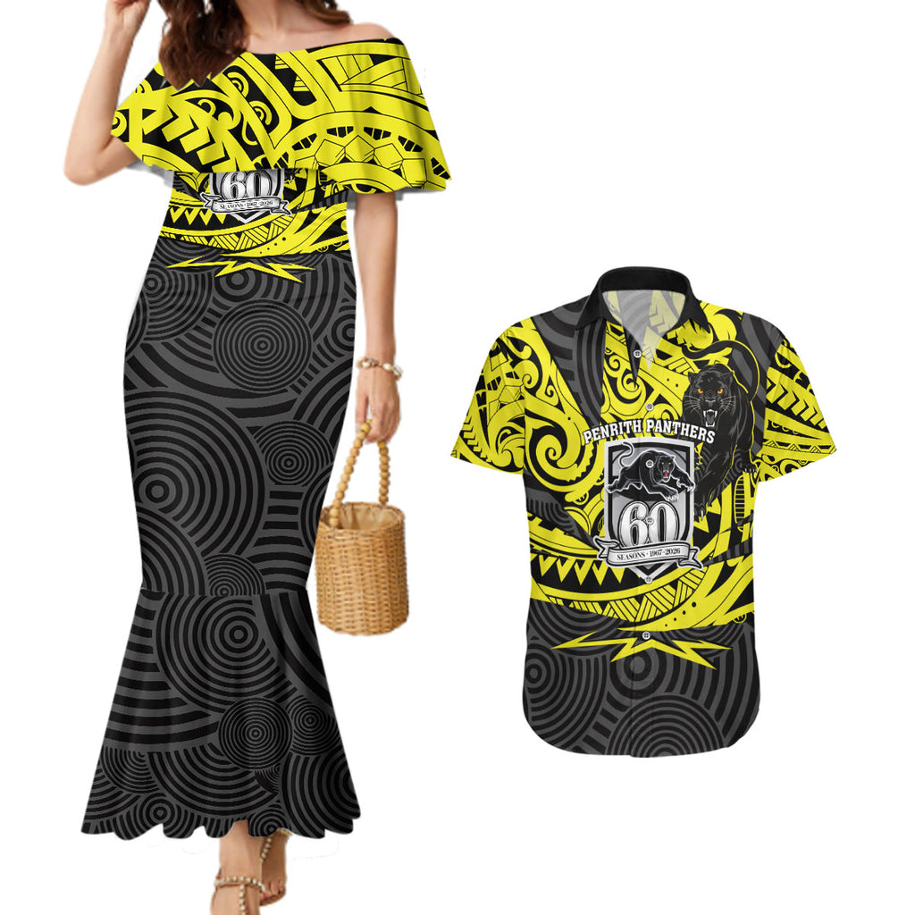 Custom Panthers Rugby 60th Anniversary Couples Matching Mermaid Dress and Hawaiian Shirt Penrith Polynesian Tribal Pattern - Traditional Tattoo