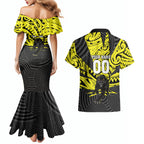 Custom Panthers Rugby 60th Anniversary Couples Matching Mermaid Dress and Hawaiian Shirt Penrith Polynesian Tribal Pattern - Traditional Tattoo