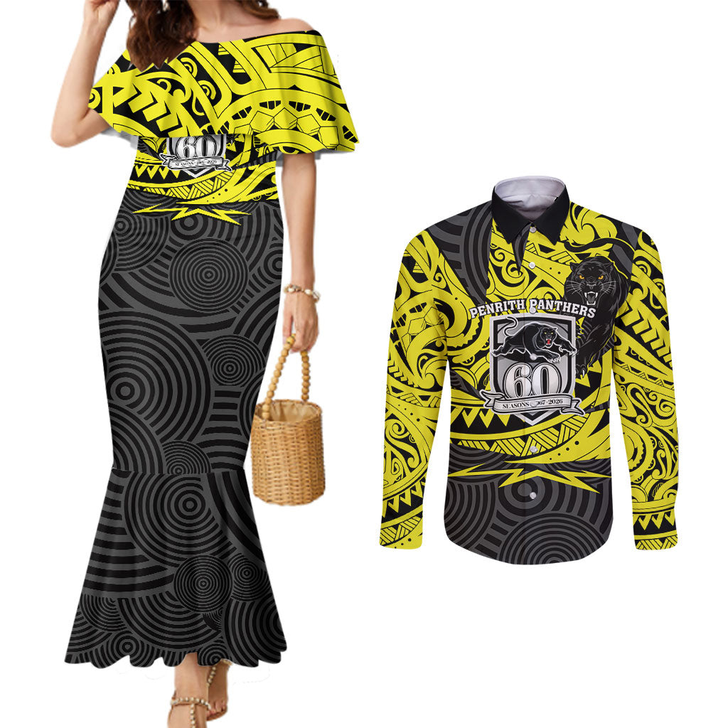 Custom Panthers Rugby 60th Anniversary Couples Matching Mermaid Dress and Long Sleeve Button Shirt Penrith Polynesian Tribal Pattern - Traditional Tattoo