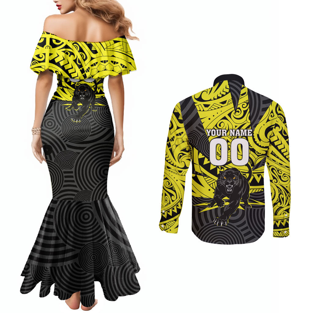Custom Panthers Rugby 60th Anniversary Couples Matching Mermaid Dress and Long Sleeve Button Shirt Penrith Polynesian Tribal Pattern - Traditional Tattoo