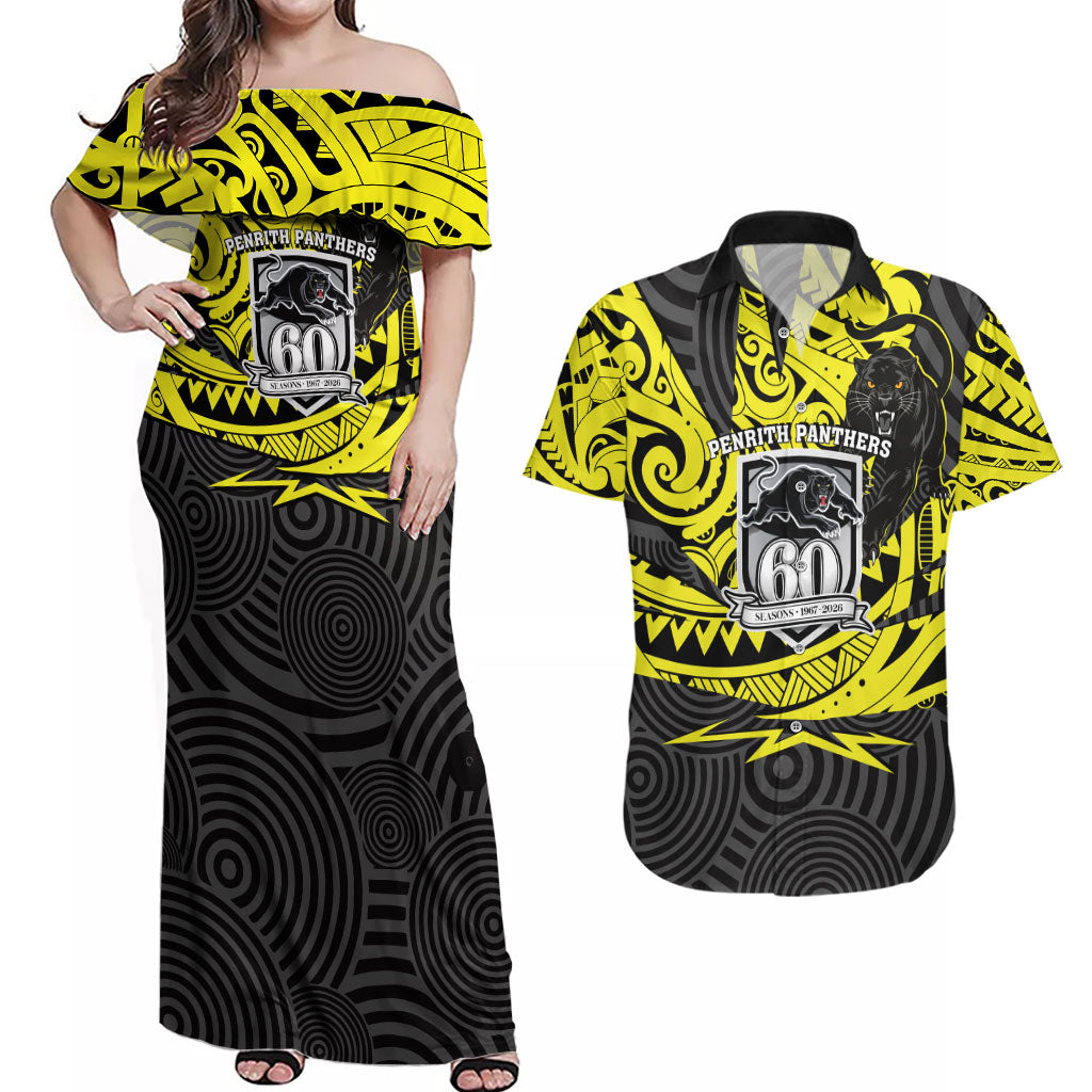 Custom Panthers Rugby 60th Anniversary Couples Matching Off Shoulder Maxi Dress and Hawaiian Shirt Penrith Polynesian Tribal Pattern - Traditional Tattoo