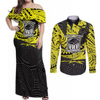 Custom Panthers Rugby 60th Anniversary Couples Matching Off Shoulder Maxi Dress and Long Sleeve Button Shirt Penrith Polynesian Tribal Pattern - Traditional Tattoo