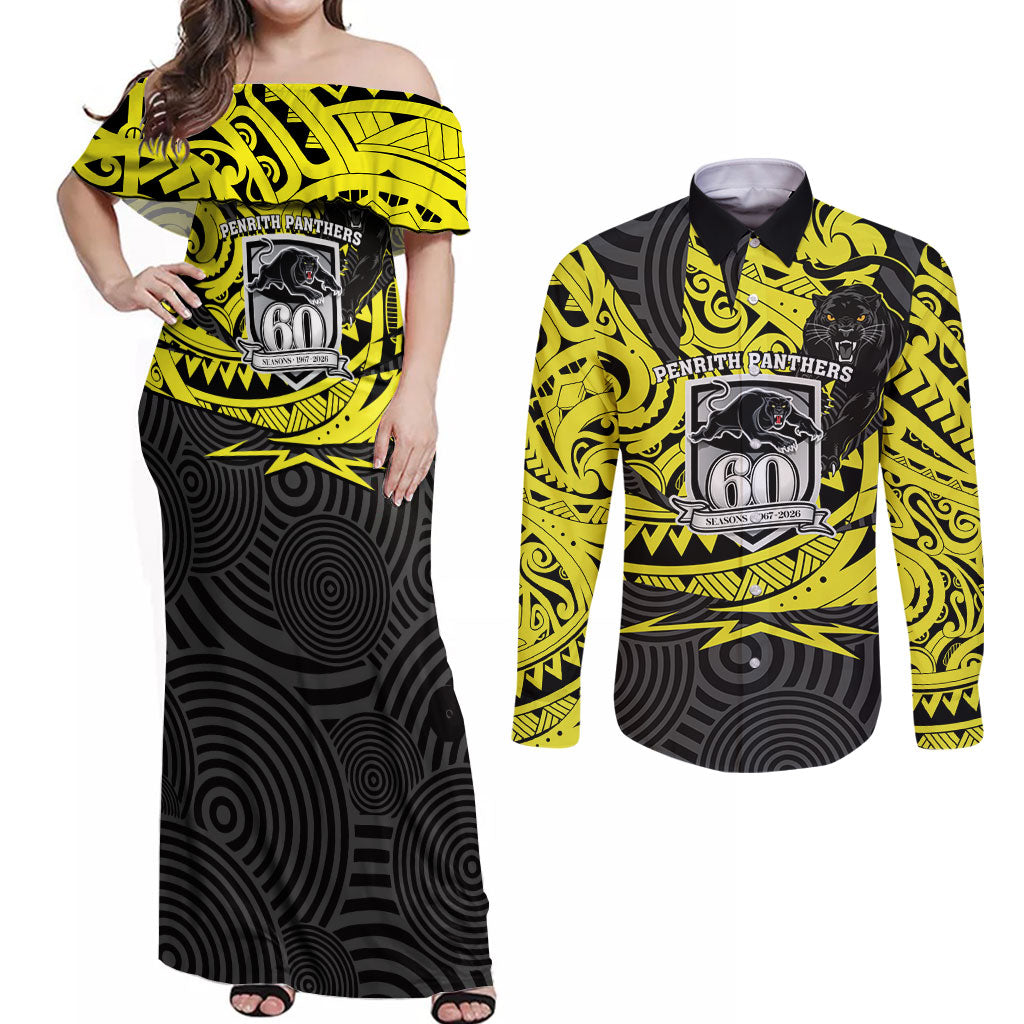 Custom Panthers Rugby 60th Anniversary Couples Matching Off Shoulder Maxi Dress and Long Sleeve Button Shirt Penrith Polynesian Tribal Pattern - Traditional Tattoo