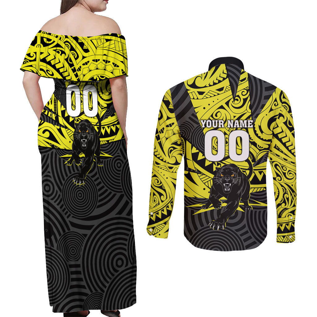 Custom Panthers Rugby 60th Anniversary Couples Matching Off Shoulder Maxi Dress and Long Sleeve Button Shirt Penrith Polynesian Tribal Pattern - Traditional Tattoo