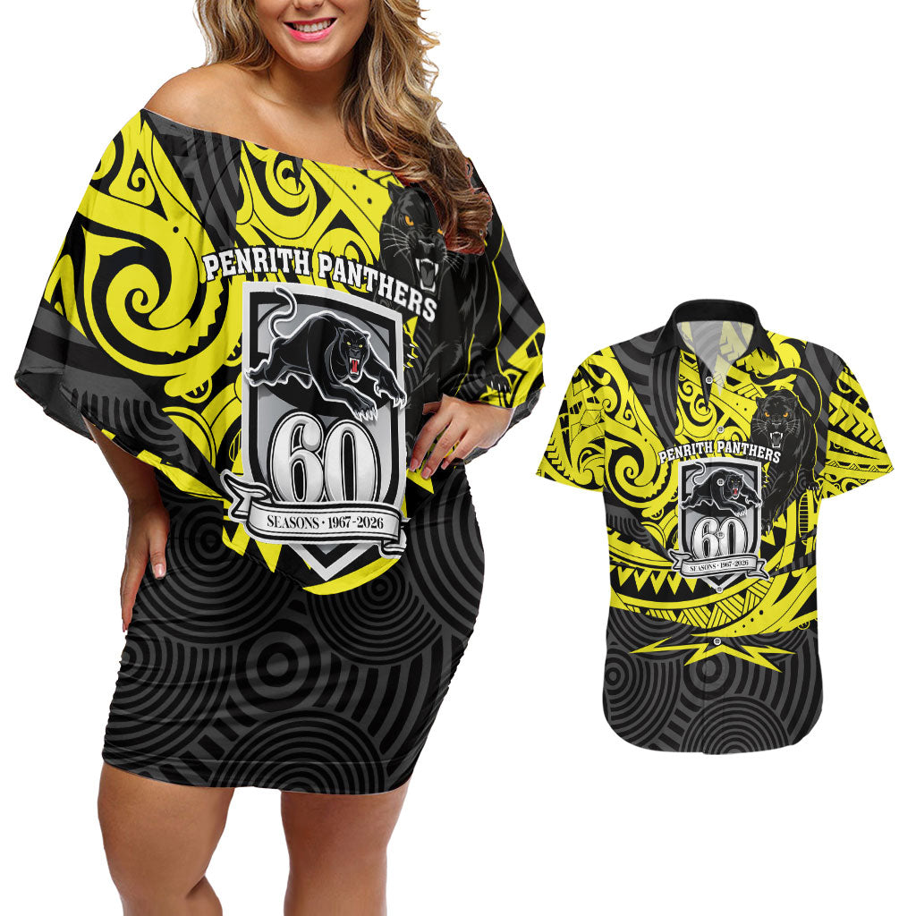 Custom Panthers Rugby 60th Anniversary Couples Matching Off Shoulder Short Dress and Hawaiian Shirt Penrith Polynesian Tribal Pattern - Traditional Tattoo