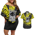 Custom Panthers Rugby 60th Anniversary Couples Matching Off Shoulder Short Dress and Hawaiian Shirt Penrith Polynesian Tribal Pattern - Traditional Tattoo