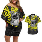 Custom Panthers Rugby 60th Anniversary Couples Matching Off Shoulder Short Dress and Hawaiian Shirt Penrith Polynesian Tribal Pattern - Traditional Tattoo