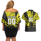 Custom Panthers Rugby 60th Anniversary Couples Matching Off Shoulder Short Dress and Hawaiian Shirt Penrith Polynesian Tribal Pattern - Traditional Tattoo