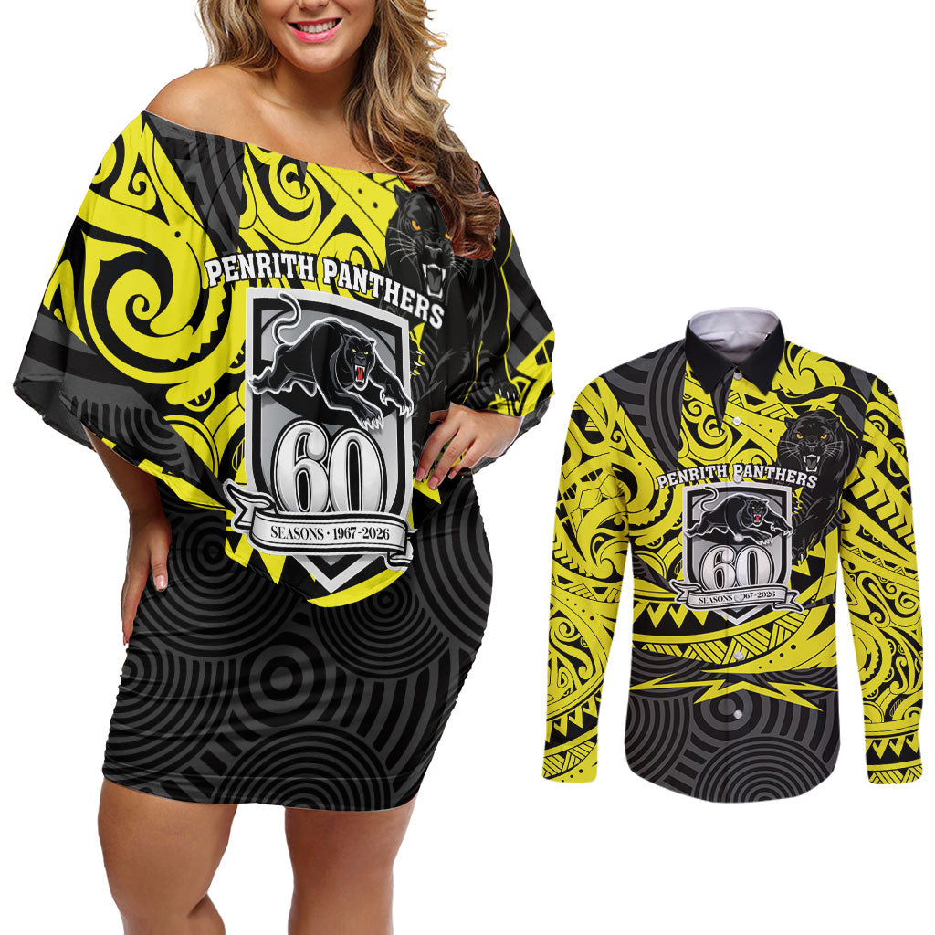 Custom Panthers Rugby 60th Anniversary Couples Matching Off Shoulder Short Dress and Long Sleeve Button Shirt Penrith Polynesian Tribal Pattern - Traditional Tattoo