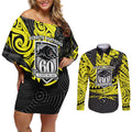 Custom Panthers Rugby 60th Anniversary Couples Matching Off Shoulder Short Dress and Long Sleeve Button Shirt Penrith Polynesian Tribal Pattern - Traditional Tattoo