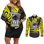 Custom Panthers Rugby 60th Anniversary Couples Matching Off Shoulder Short Dress and Long Sleeve Button Shirt Penrith Polynesian Tribal Pattern - Traditional Tattoo