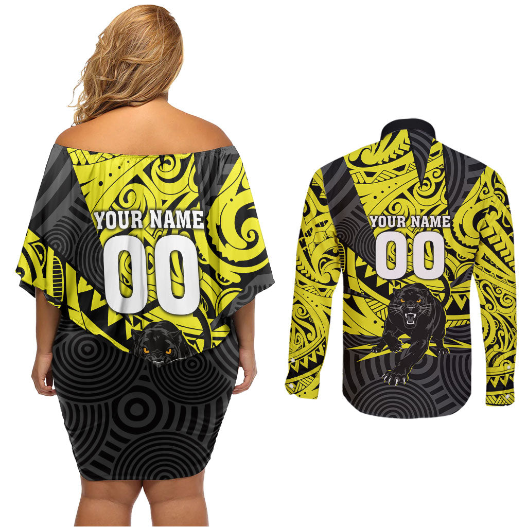 Custom Panthers Rugby 60th Anniversary Couples Matching Off Shoulder Short Dress and Long Sleeve Button Shirt Penrith Polynesian Tribal Pattern - Traditional Tattoo