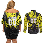 Custom Panthers Rugby 60th Anniversary Couples Matching Off Shoulder Short Dress and Long Sleeve Button Shirt Penrith Polynesian Tribal Pattern - Traditional Tattoo