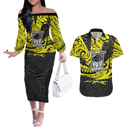 Custom Panthers Rugby 60th Anniversary Couples Matching Off The Shoulder Long Sleeve Dress and Hawaiian Shirt Penrith Polynesian Tribal Pattern - Traditional Tattoo