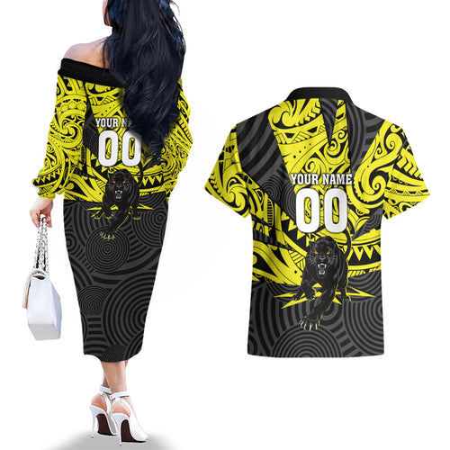 Custom Panthers Rugby 60th Anniversary Couples Matching Off The Shoulder Long Sleeve Dress and Hawaiian Shirt Penrith Polynesian Tribal Pattern - Traditional Tattoo