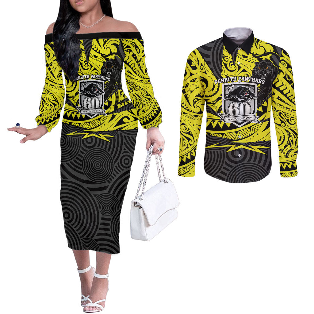 Custom Panthers Rugby 60th Anniversary Couples Matching Off The Shoulder Long Sleeve Dress and Long Sleeve Button Shirt Penrith Polynesian Tribal Pattern - Traditional Tattoo