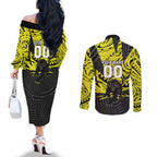 Custom Panthers Rugby 60th Anniversary Couples Matching Off The Shoulder Long Sleeve Dress and Long Sleeve Button Shirt Penrith Polynesian Tribal Pattern - Traditional Tattoo