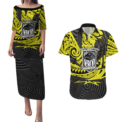 Custom Panthers Rugby 60th Anniversary Couples Matching Puletasi and Hawaiian Shirt Penrith Polynesian Tribal Pattern - Traditional Tattoo