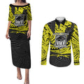 Custom Panthers Rugby 60th Anniversary Couples Matching Puletasi and Long Sleeve Button Shirt Penrith Polynesian Tribal Pattern - Traditional Tattoo