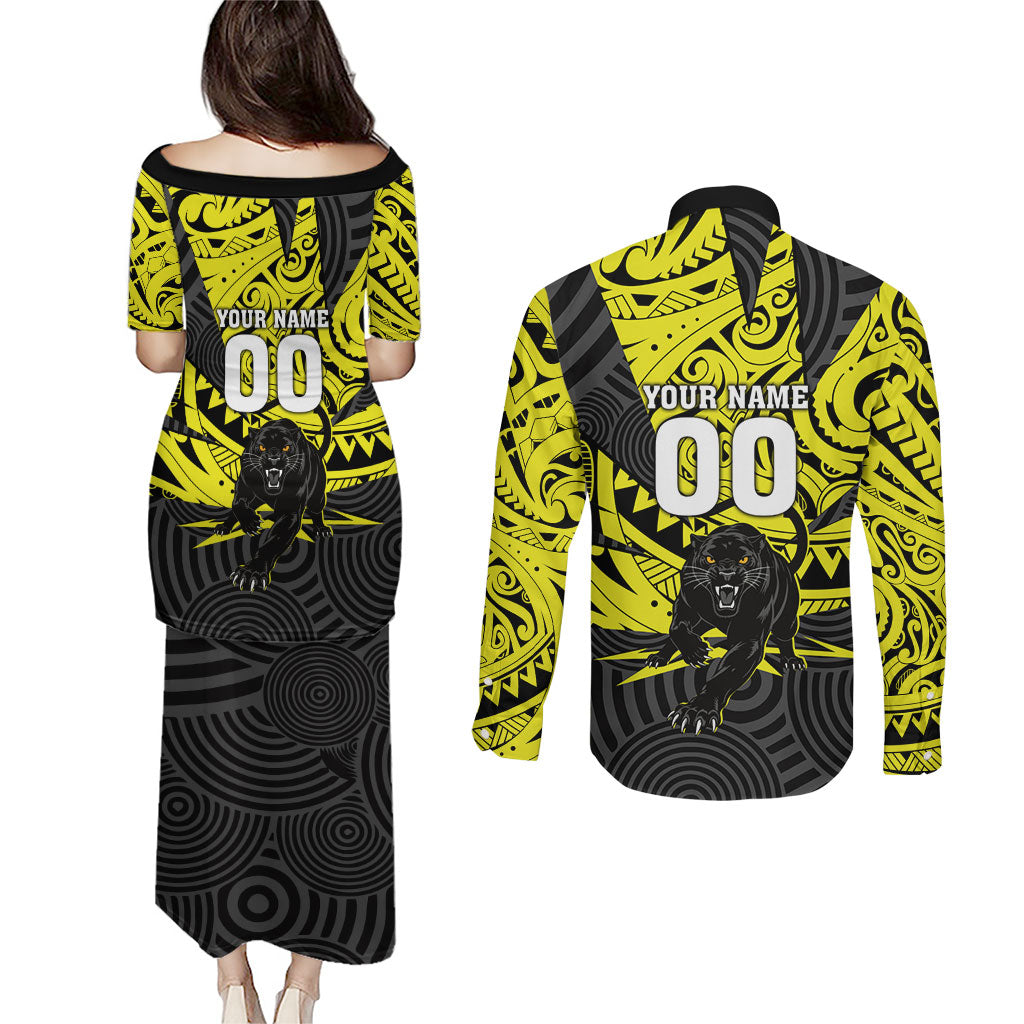 Custom Panthers Rugby 60th Anniversary Couples Matching Puletasi and Long Sleeve Button Shirt Penrith Polynesian Tribal Pattern - Traditional Tattoo