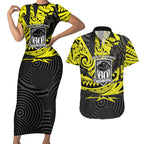 Custom Panthers Rugby 60th Anniversary Couples Matching Short Sleeve Bodycon Dress and Hawaiian Shirt Penrith Polynesian Tribal Pattern - Traditional Tattoo