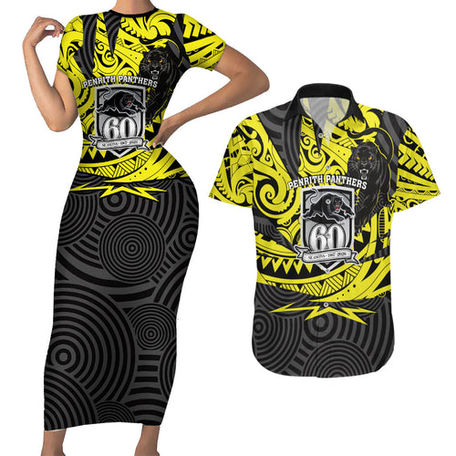 Custom Panthers Rugby 60th Anniversary Couples Matching Short Sleeve Bodycon Dress and Hawaiian Shirt Penrith Polynesian Tribal Pattern - Traditional Tattoo