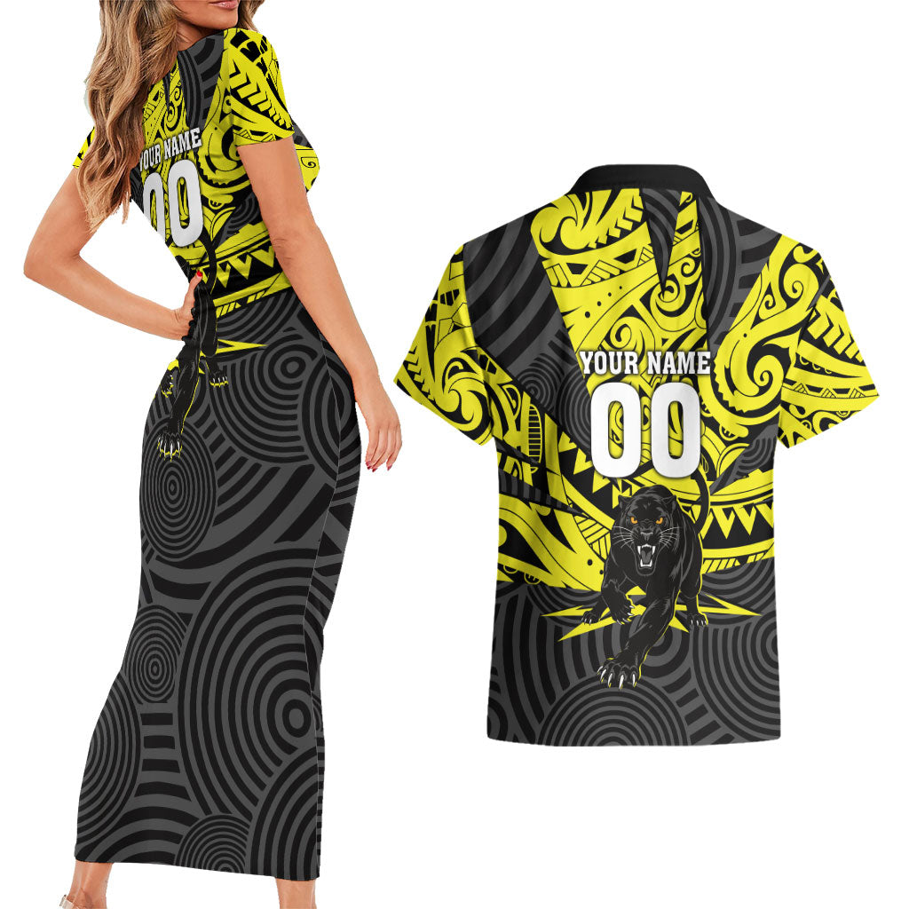 Custom Panthers Rugby 60th Anniversary Couples Matching Short Sleeve Bodycon Dress and Hawaiian Shirt Penrith Polynesian Tribal Pattern - Traditional Tattoo