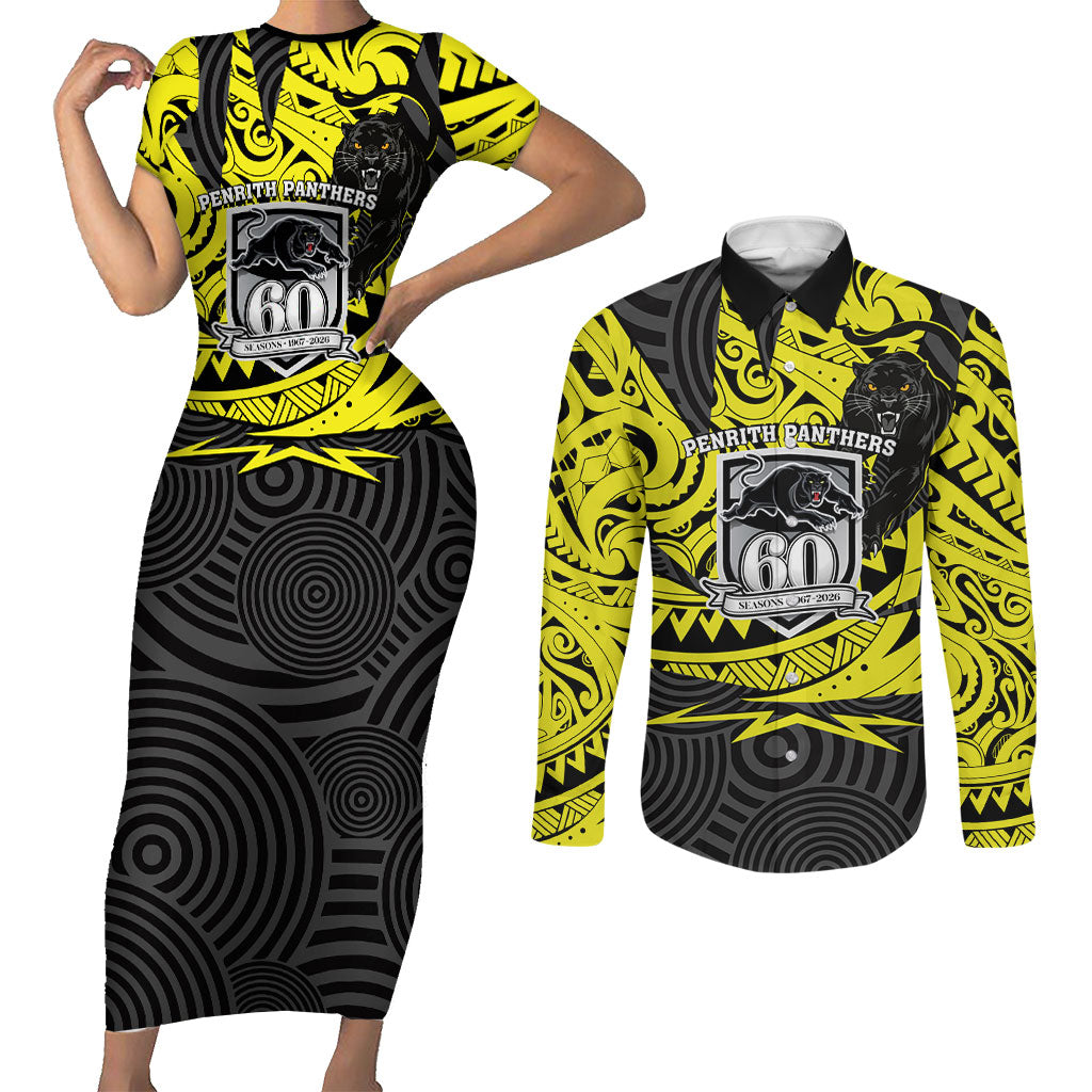 Custom Panthers Rugby 60th Anniversary Couples Matching Short Sleeve Bodycon Dress and Long Sleeve Button Shirt Penrith Polynesian Tribal Pattern - Traditional Tattoo
