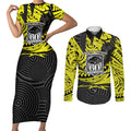 Custom Panthers Rugby 60th Anniversary Couples Matching Short Sleeve Bodycon Dress and Long Sleeve Button Shirt Penrith Polynesian Tribal Pattern - Traditional Tattoo
