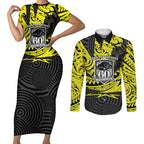 Custom Panthers Rugby 60th Anniversary Couples Matching Short Sleeve Bodycon Dress and Long Sleeve Button Shirt Penrith Polynesian Tribal Pattern - Traditional Tattoo