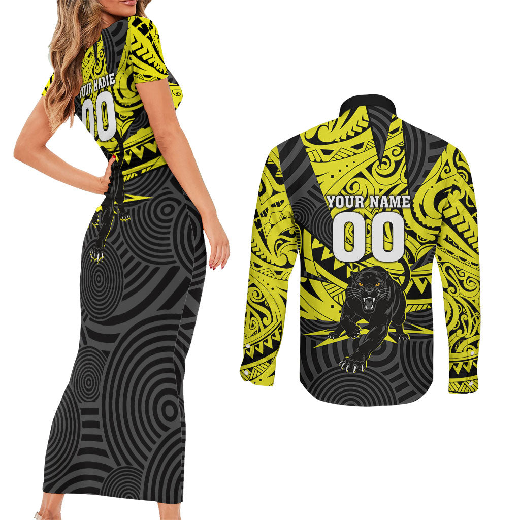 Custom Panthers Rugby 60th Anniversary Couples Matching Short Sleeve Bodycon Dress and Long Sleeve Button Shirt Penrith Polynesian Tribal Pattern - Traditional Tattoo
