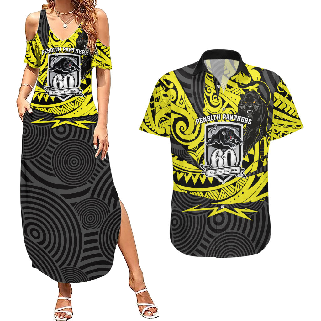 Custom Panthers Rugby 60th Anniversary Couples Matching Summer Maxi Dress and Hawaiian Shirt Penrith Polynesian Tribal Pattern - Traditional Tattoo