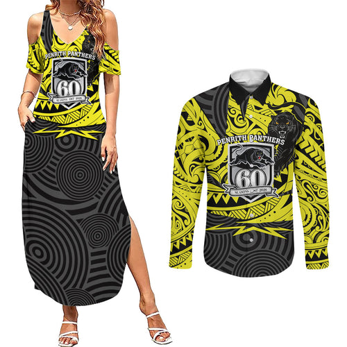Custom Panthers Rugby 60th Anniversary Couples Matching Summer Maxi Dress and Long Sleeve Button Shirt Penrith Polynesian Tribal Pattern - Traditional Tattoo
