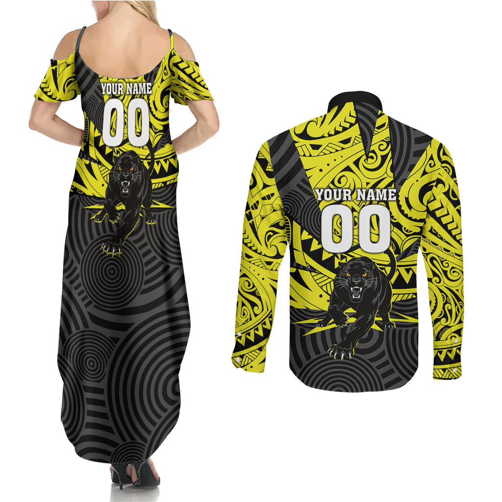 Custom Panthers Rugby 60th Anniversary Couples Matching Summer Maxi Dress and Long Sleeve Button Shirt Penrith Polynesian Tribal Pattern - Traditional Tattoo