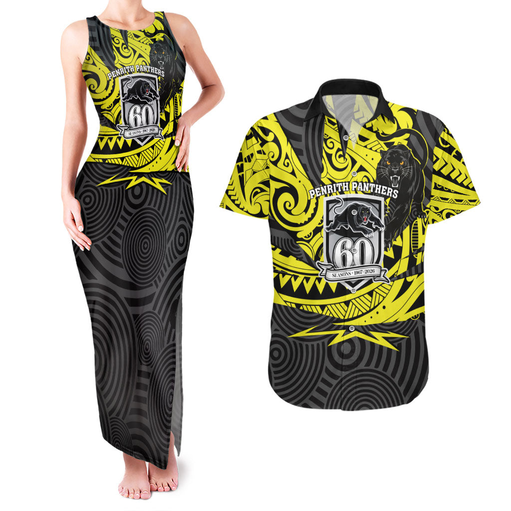 Custom Panthers Rugby 60th Anniversary Couples Matching Tank Maxi Dress and Hawaiian Shirt Penrith Polynesian Tribal Pattern - Traditional Tattoo