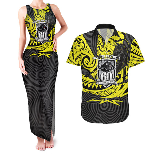 Custom Panthers Rugby 60th Anniversary Couples Matching Tank Maxi Dress and Hawaiian Shirt Penrith Polynesian Tribal Pattern - Traditional Tattoo