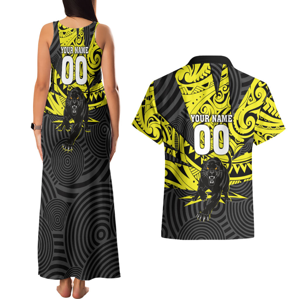 Custom Panthers Rugby 60th Anniversary Couples Matching Tank Maxi Dress and Hawaiian Shirt Penrith Polynesian Tribal Pattern - Traditional Tattoo