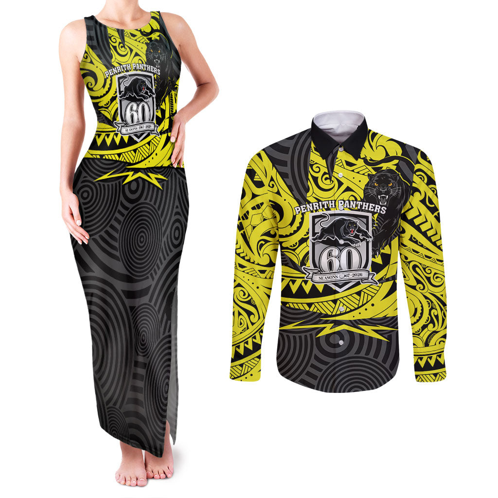 Custom Panthers Rugby 60th Anniversary Couples Matching Tank Maxi Dress and Long Sleeve Button Shirt Penrith Polynesian Tribal Pattern - Traditional Tattoo