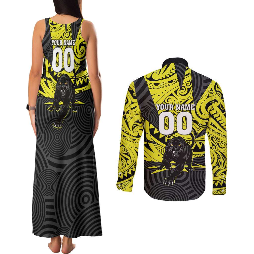 Custom Panthers Rugby 60th Anniversary Couples Matching Tank Maxi Dress and Long Sleeve Button Shirt Penrith Polynesian Tribal Pattern - Traditional Tattoo