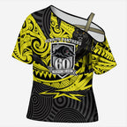 Custom Panthers Rugby 60th Anniversary Cross Shoulder Shirt Penrith Polynesian Tribal Pattern - Traditional Tattoo