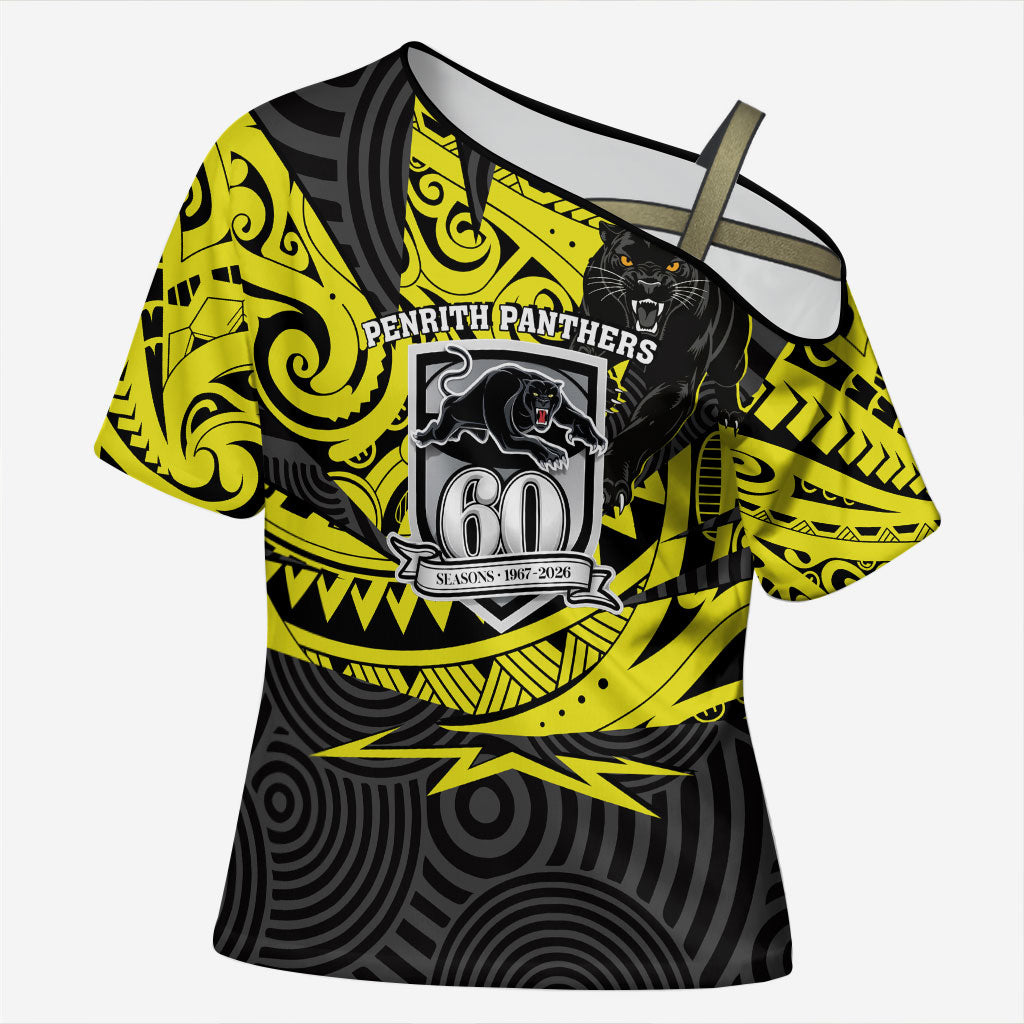 Custom Panthers Rugby 60th Anniversary Cross Shoulder Shirt Penrith Polynesian Tribal Pattern - Traditional Tattoo