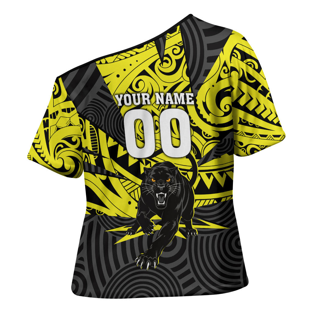 Custom Panthers Rugby 60th Anniversary Cross Shoulder Shirt Penrith Polynesian Tribal Pattern - Traditional Tattoo